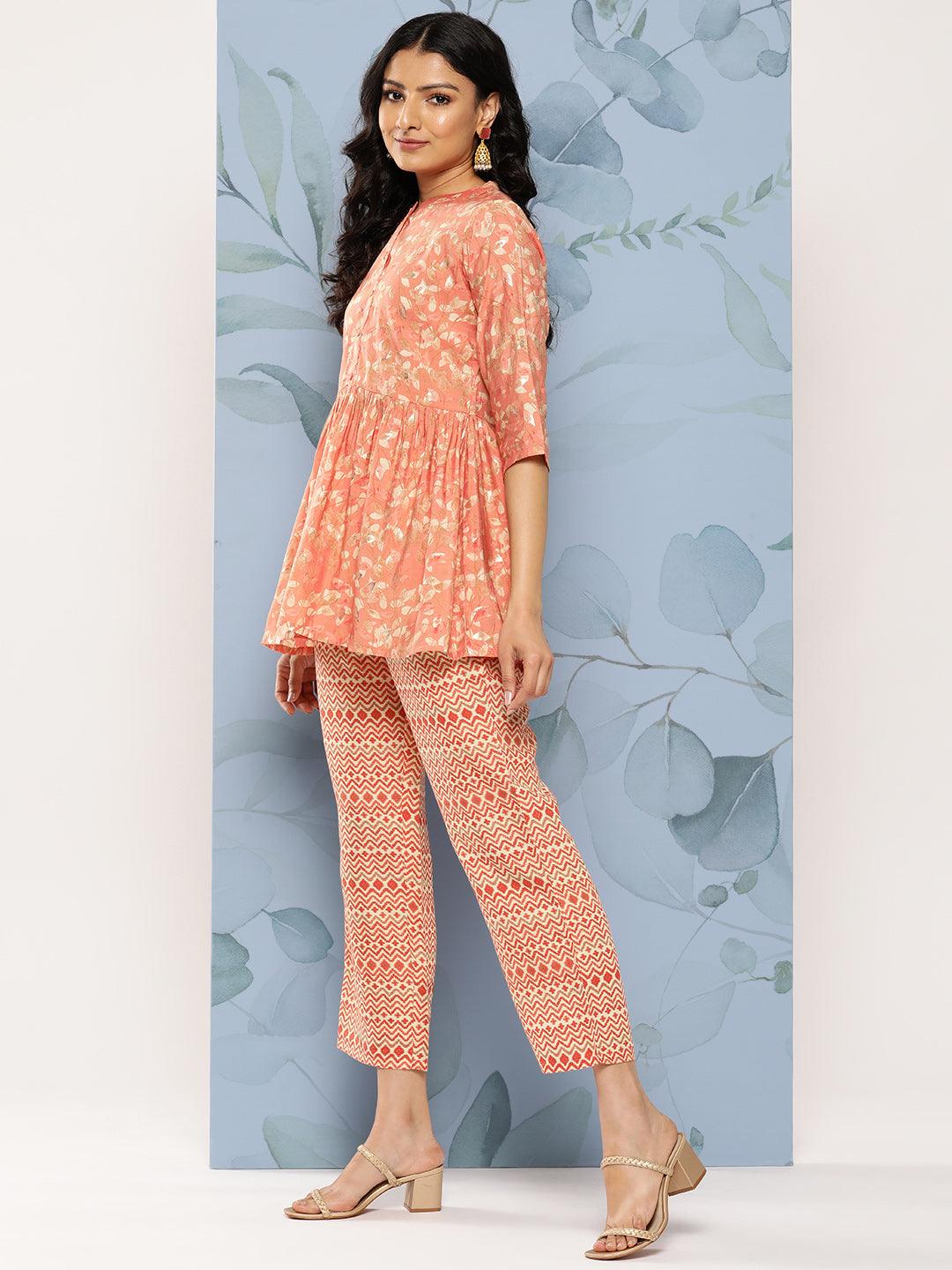 Peach Printed Silk Blend Top With Palazzos