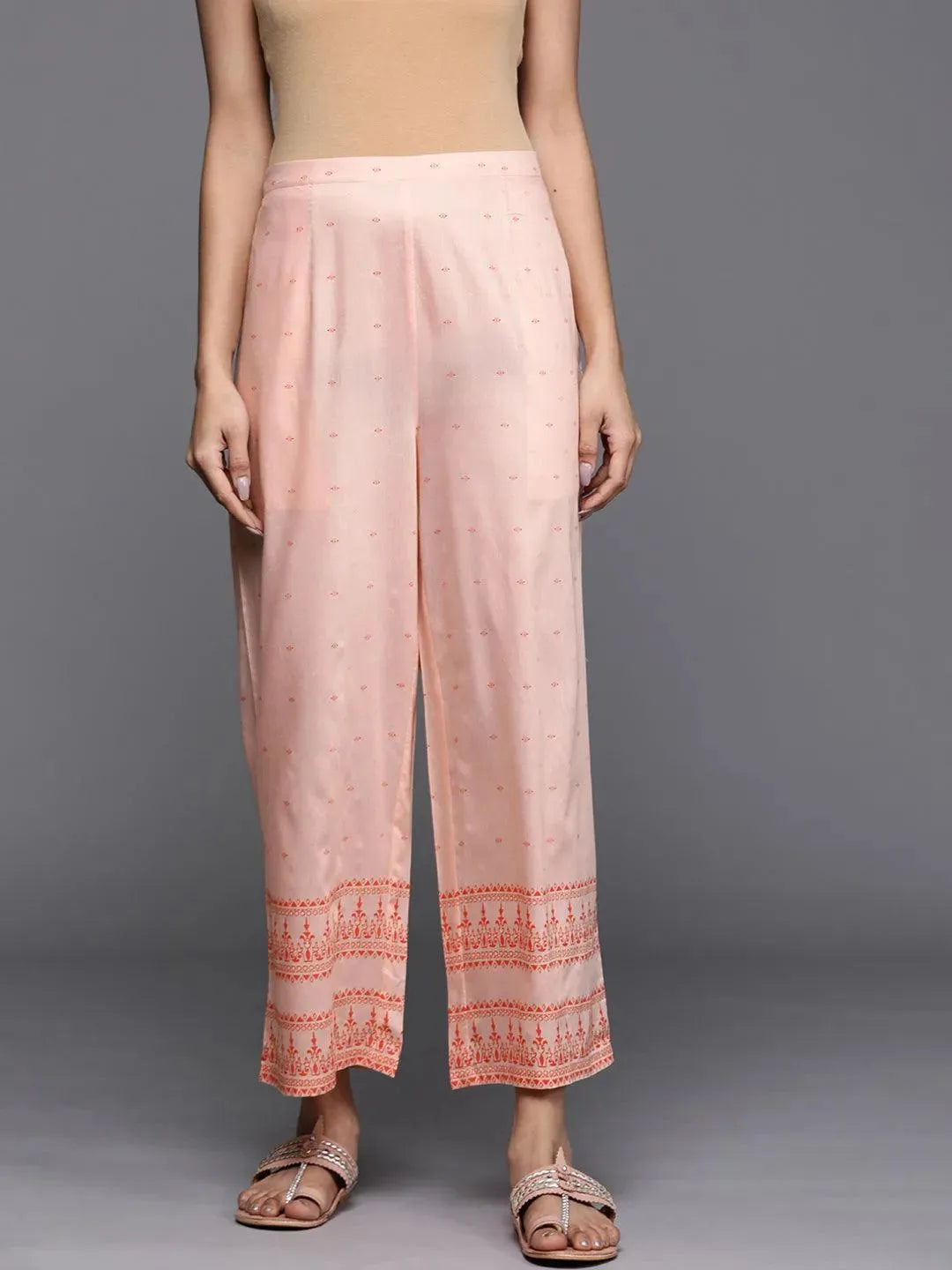 Peach Printed Silk Palazzos - Libas