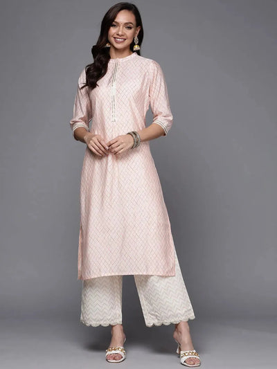 Peach Printed Silk Straight Kurta - Libas