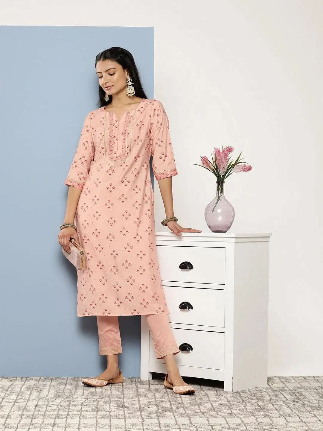 

Peach Printed Silk Straight Kurta