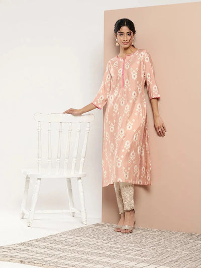 Peach Printed Silk Straight Kurta - Libas