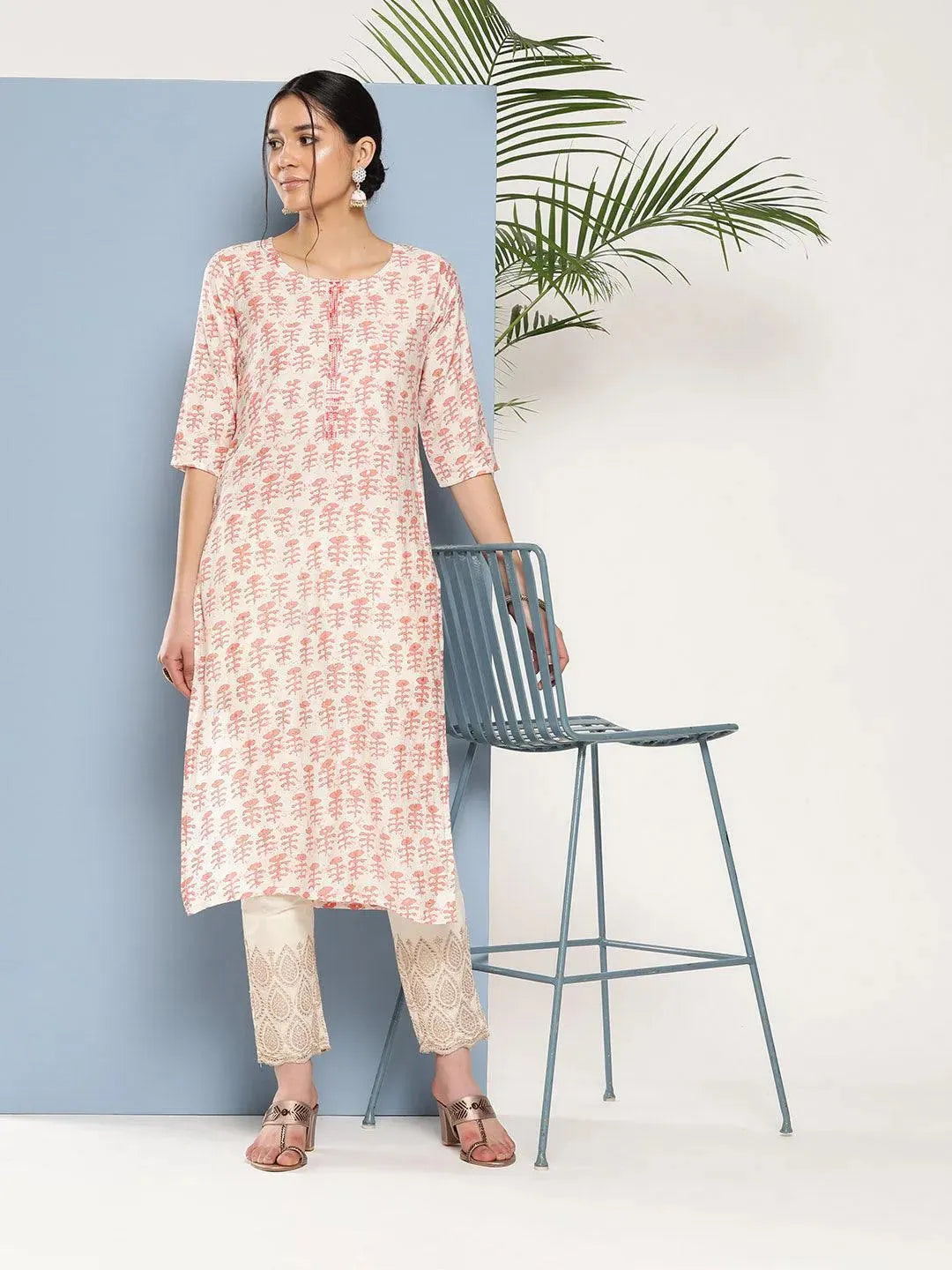 Peach Printed Silk Straight Kurta - Libas