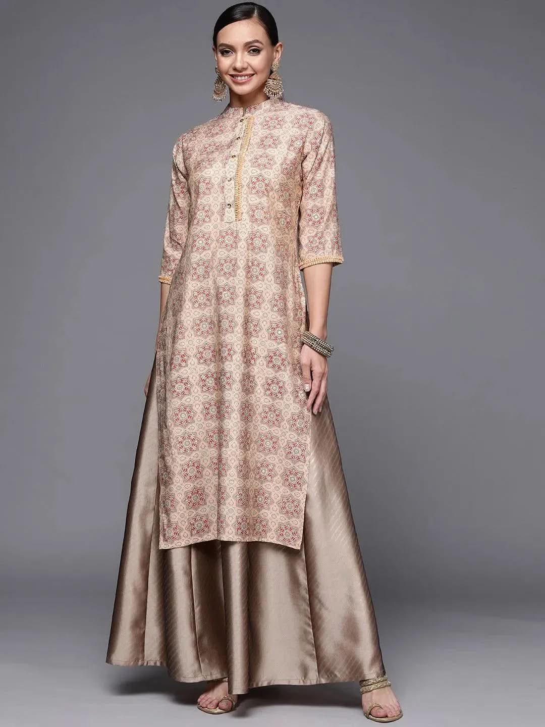 

Peach Printed Silk Straight Kurta