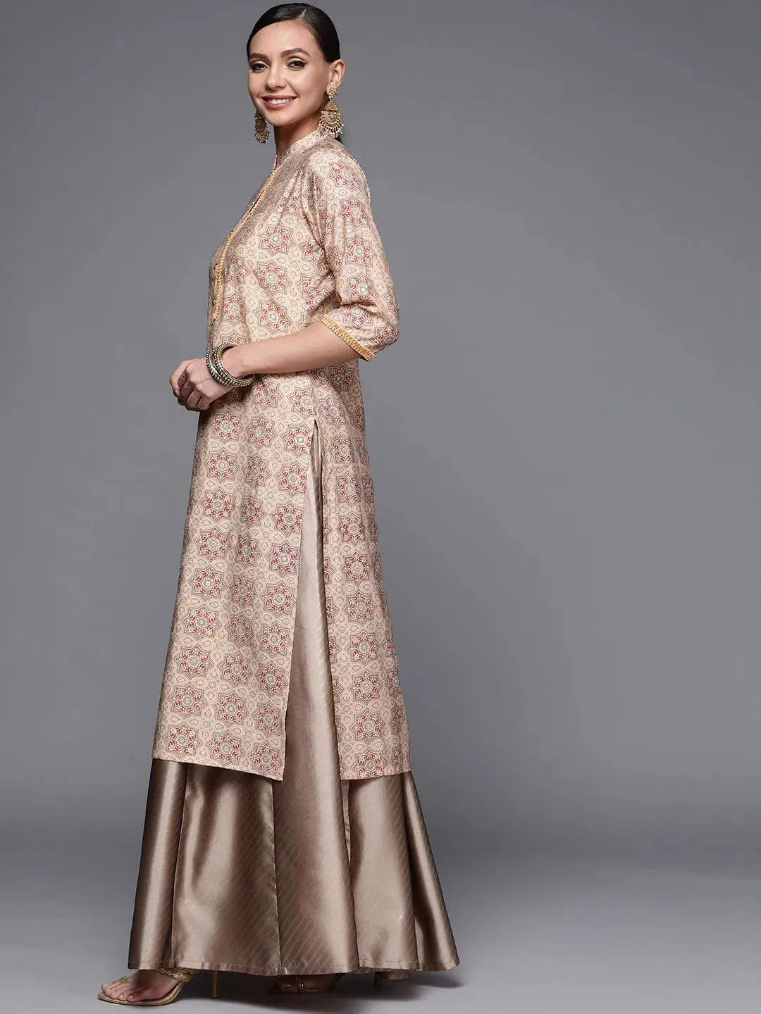 Peach Printed Silk Straight Kurta - Libas 