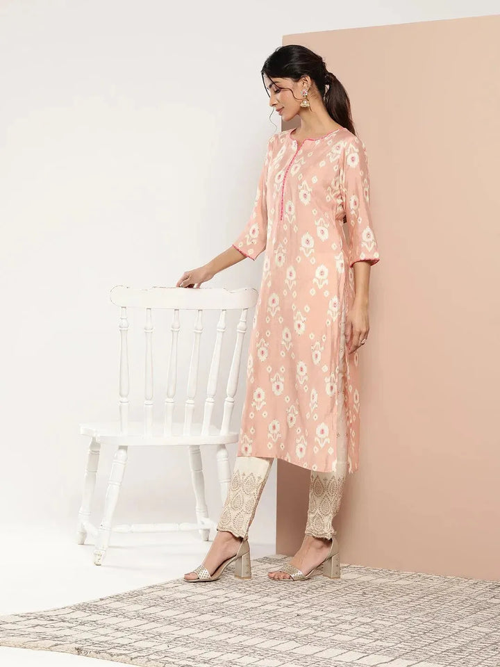 Peach Printed Silk Straight Kurta - Libas