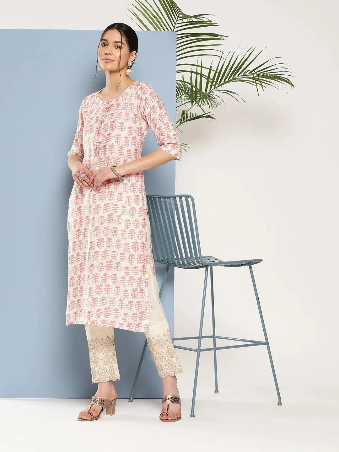 Peach Printed Silk Straight Kurta - Libas