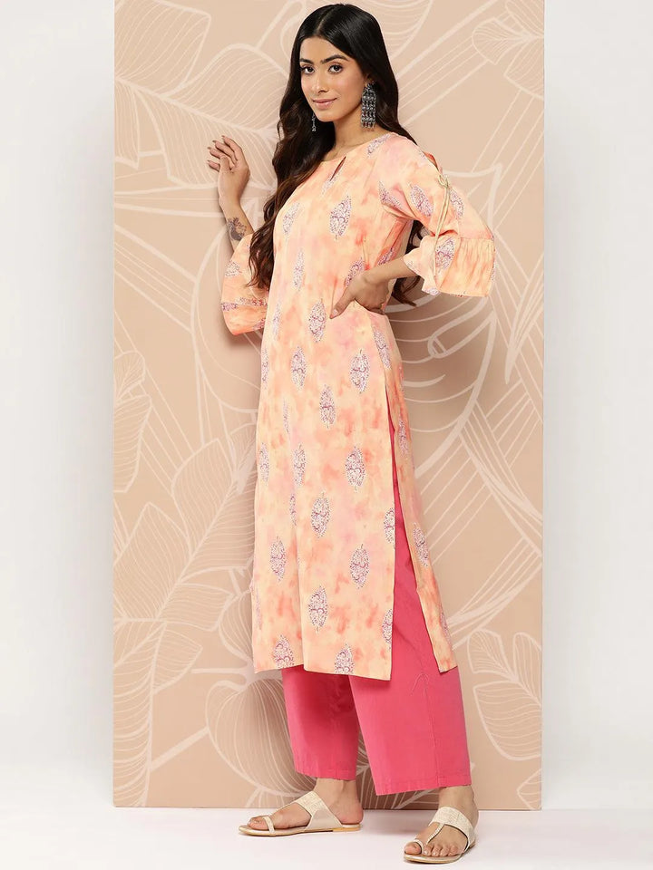 Peach Printed Silk Straight Kurta - Libas