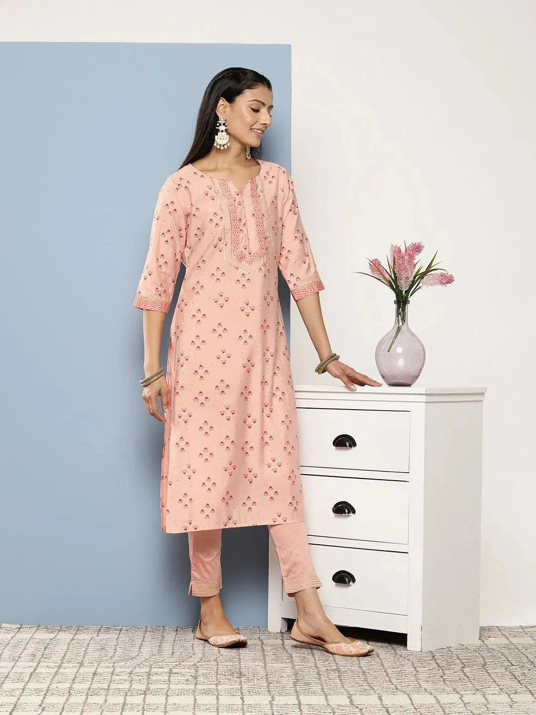 Peach Printed Silk Straight Kurta - Libas 