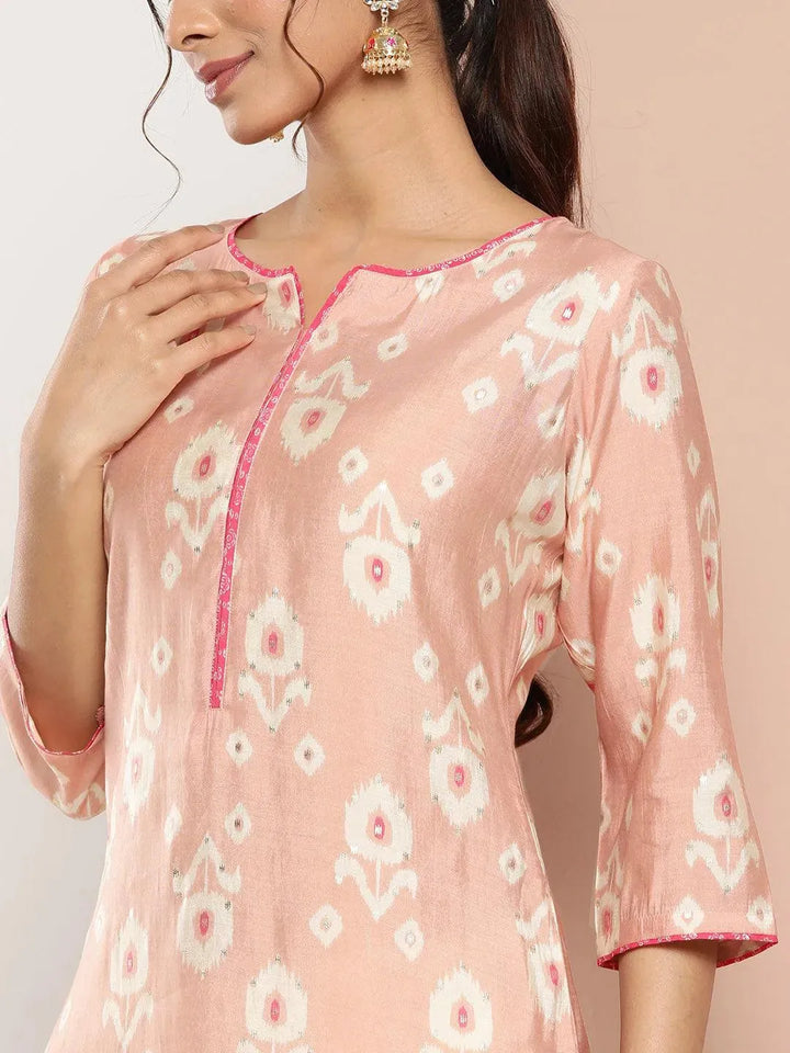 Peach Printed Silk Straight Kurta - Libas
