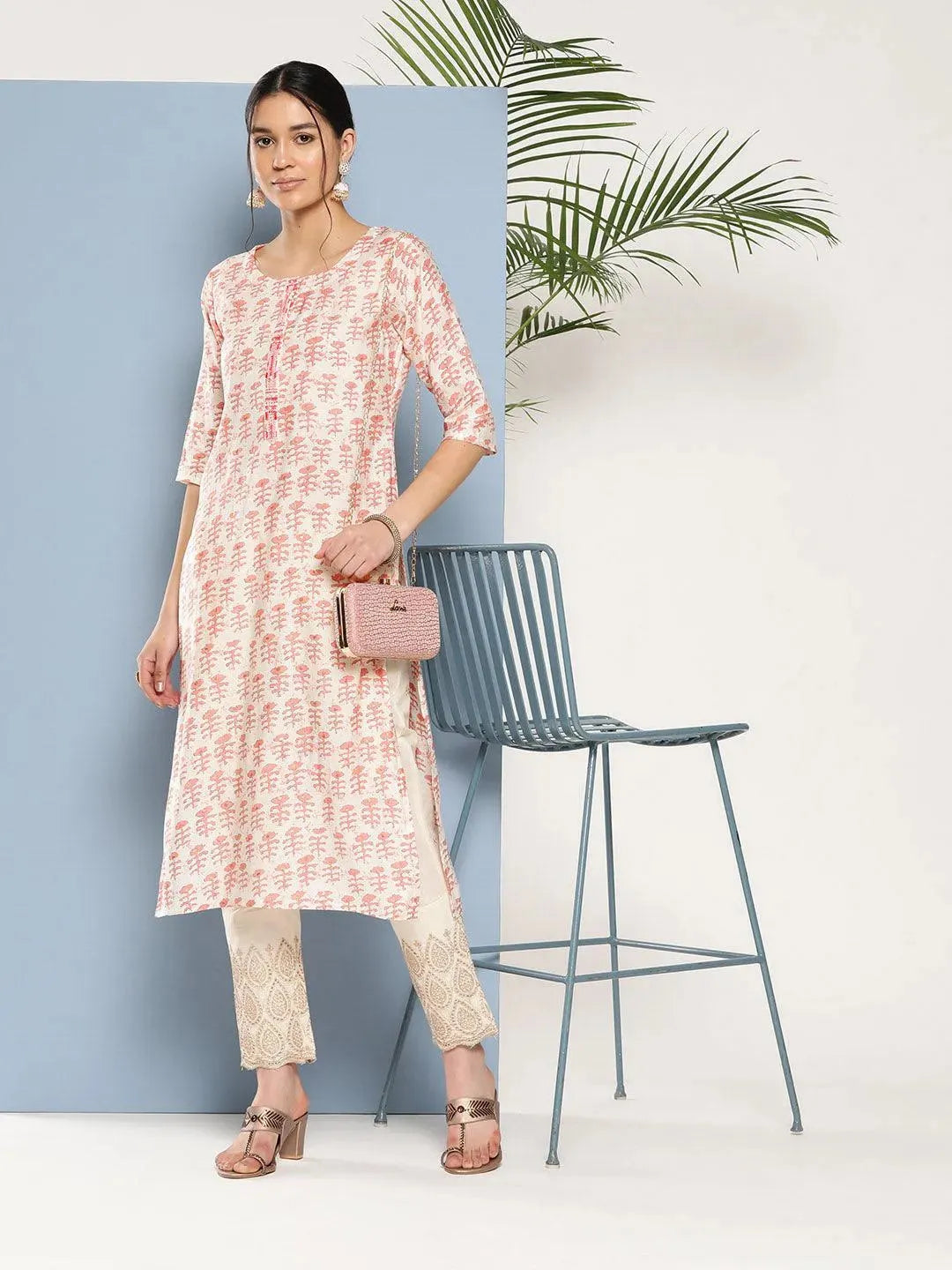 Peach Printed Silk Straight Kurta - Libas