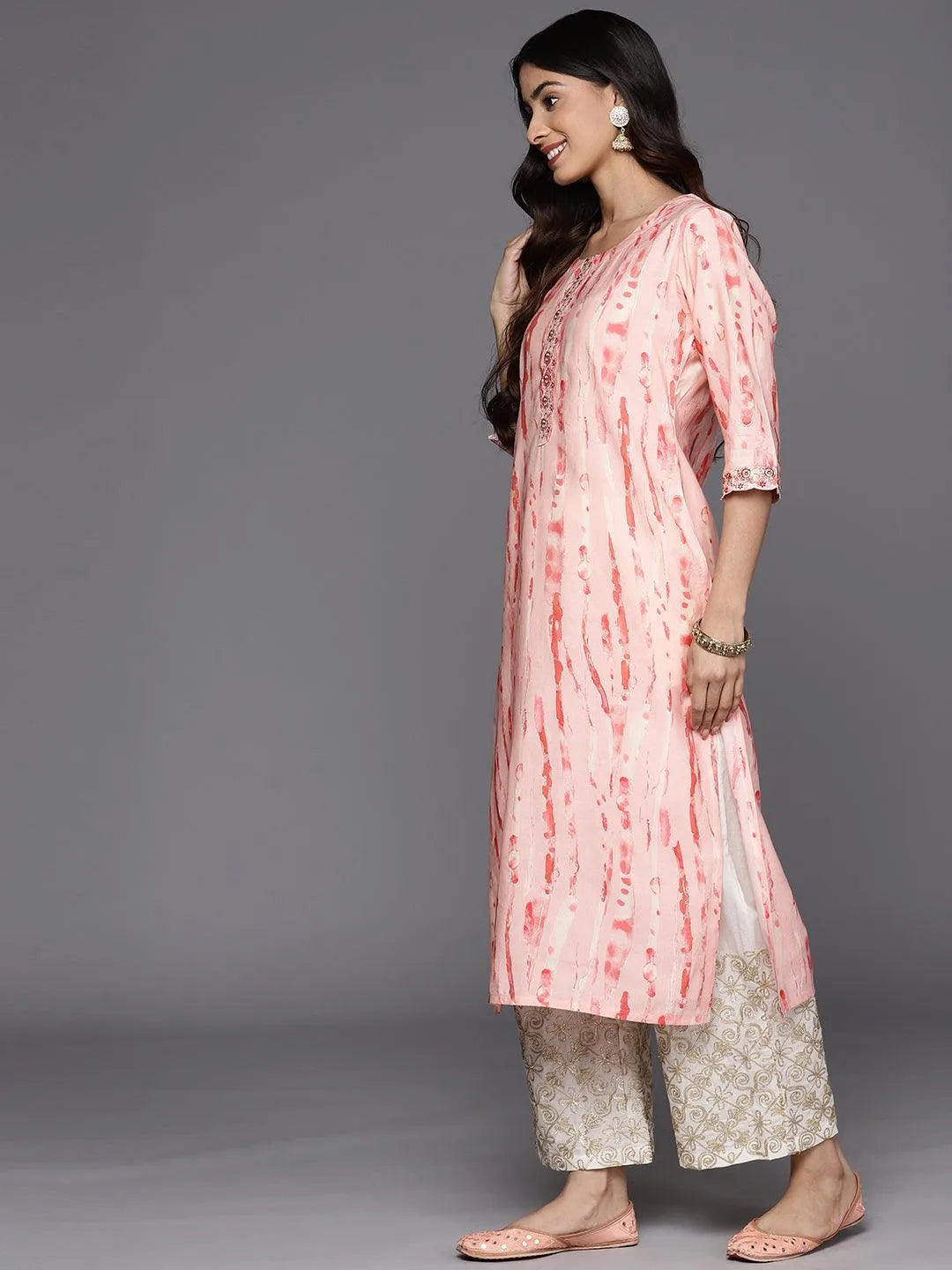 Peach Printed Silk Straight Kurta - Libas