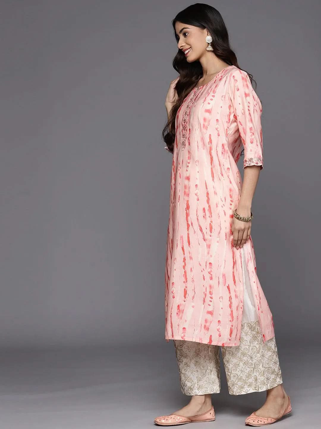 

Peach Printed Silk Straight Kurta