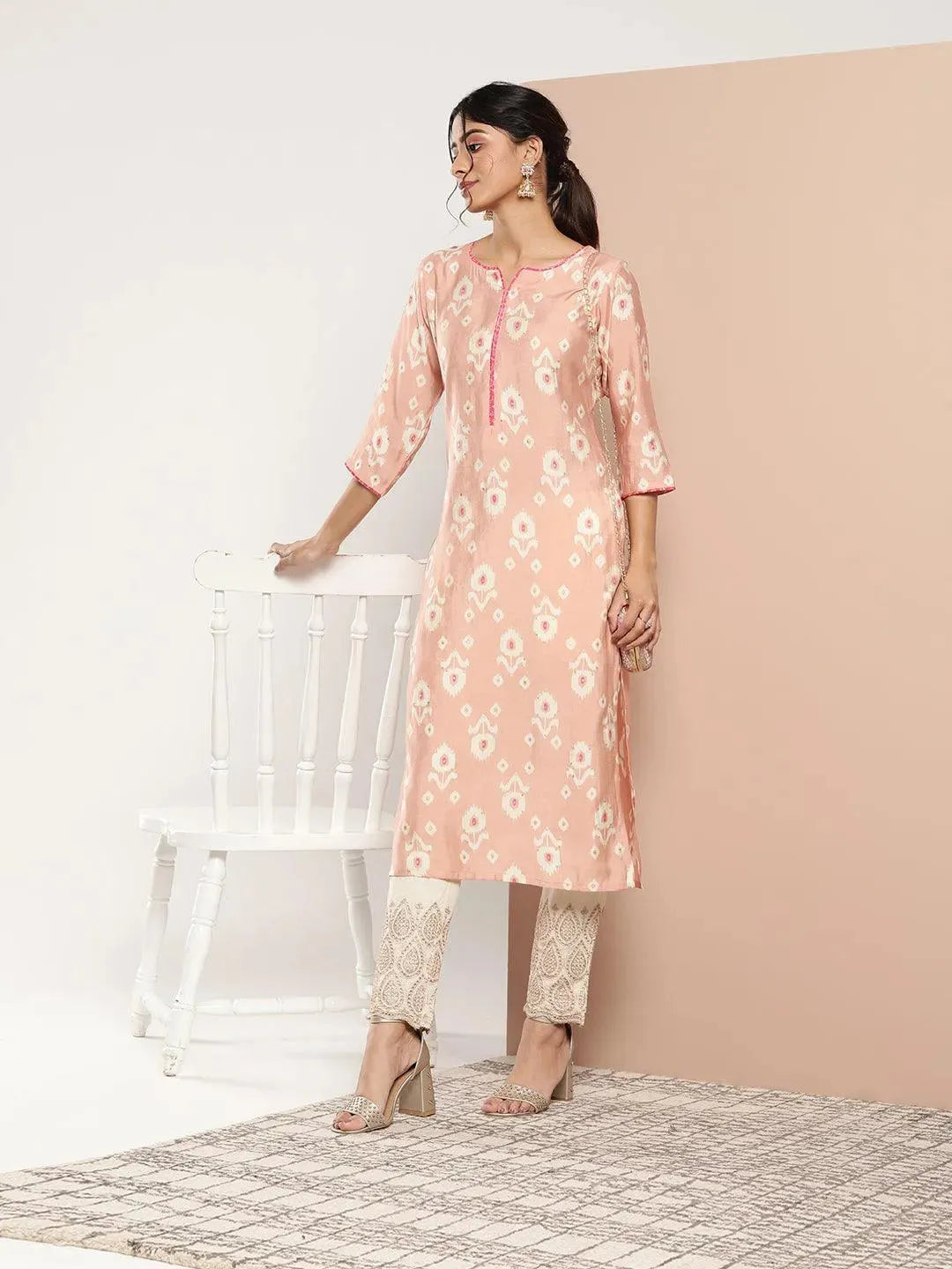 Peach Printed Silk Straight Kurta - Libas 