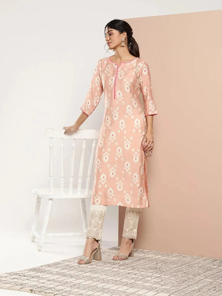 Peach Printed Silk Straight Kurta - Libas