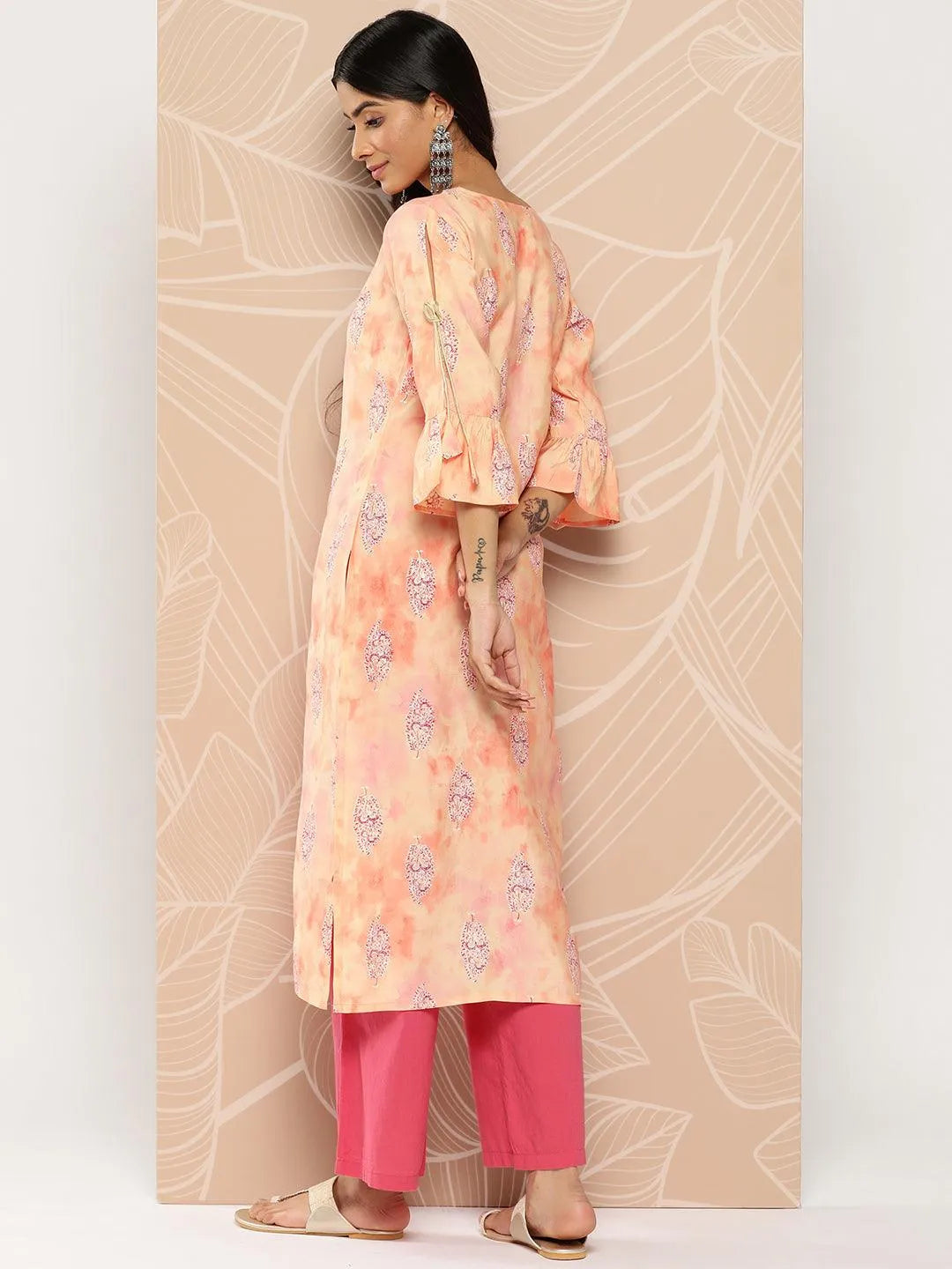 Peach Printed Silk Straight Kurta - Libas 