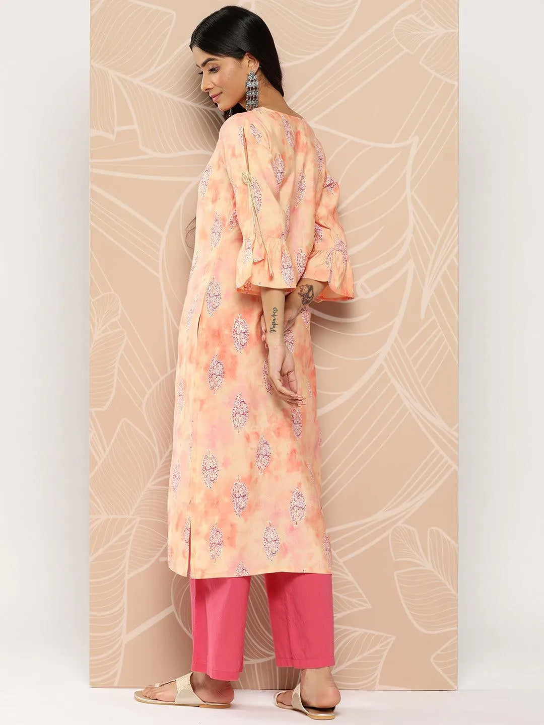 Peach Printed Silk Straight Kurta - Libas