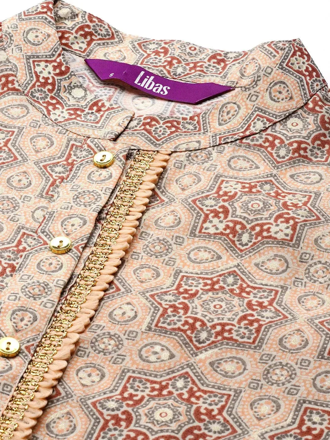 Peach Printed Silk Straight Kurta - Libas 