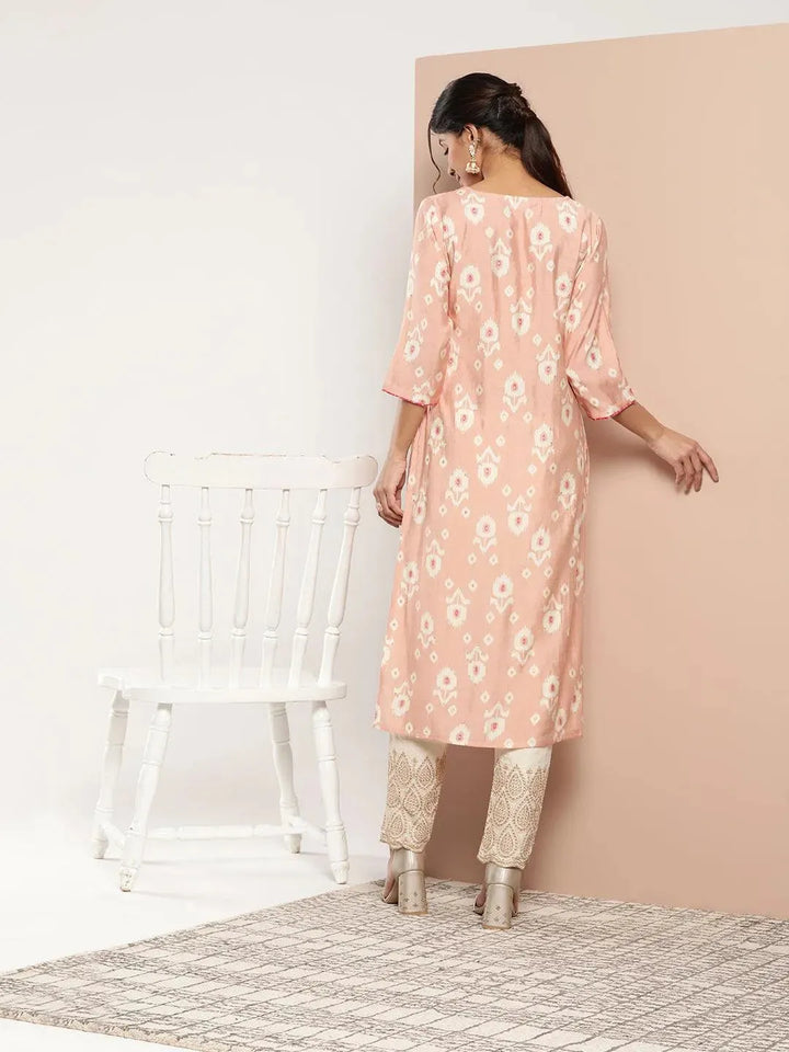 Peach Printed Silk Straight Kurta - Libas