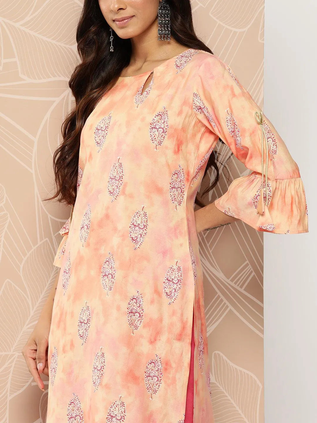 Peach Printed Silk Straight Kurta - Libas