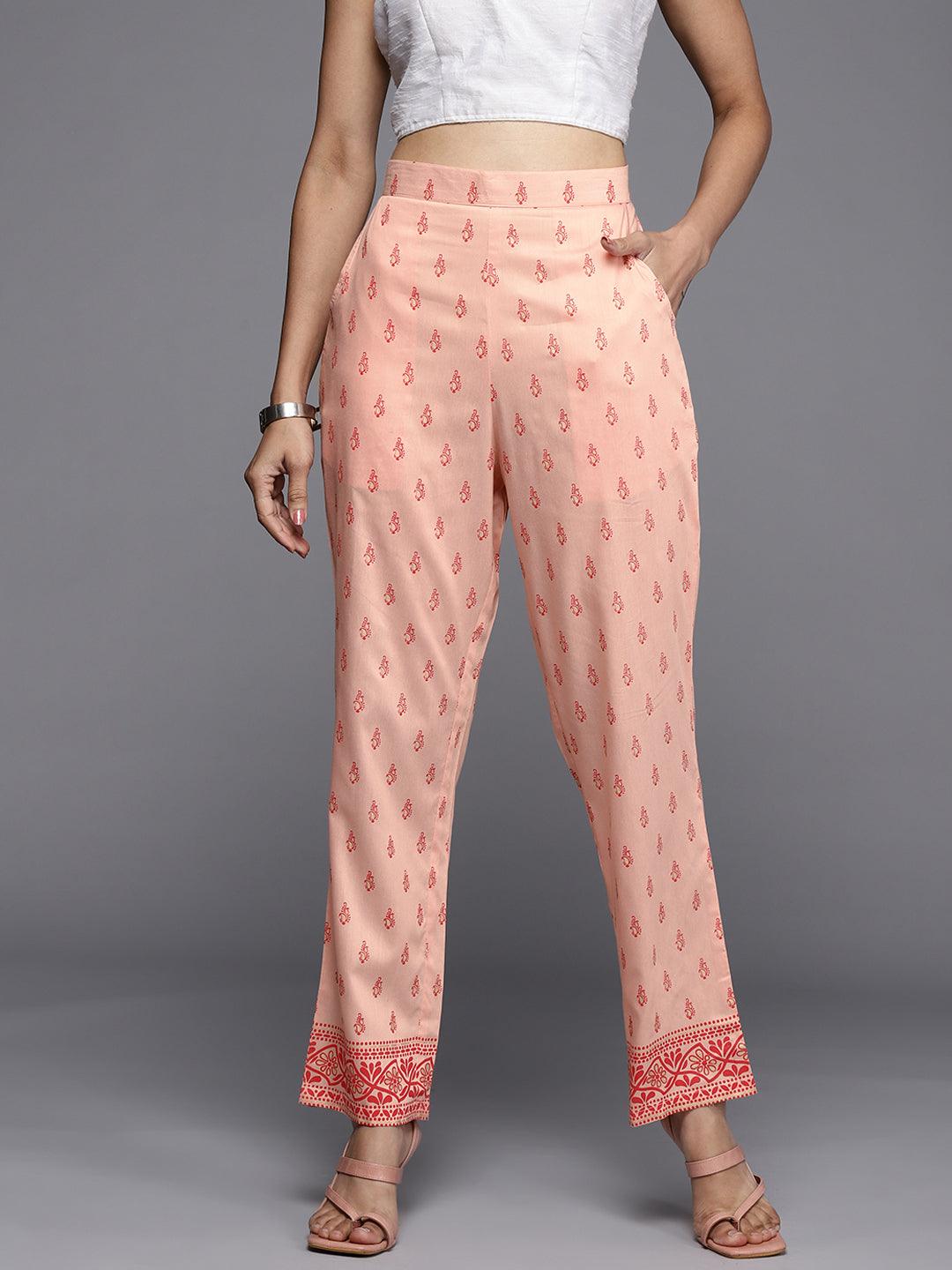 Peach Printed Silk Trousers - Libas
