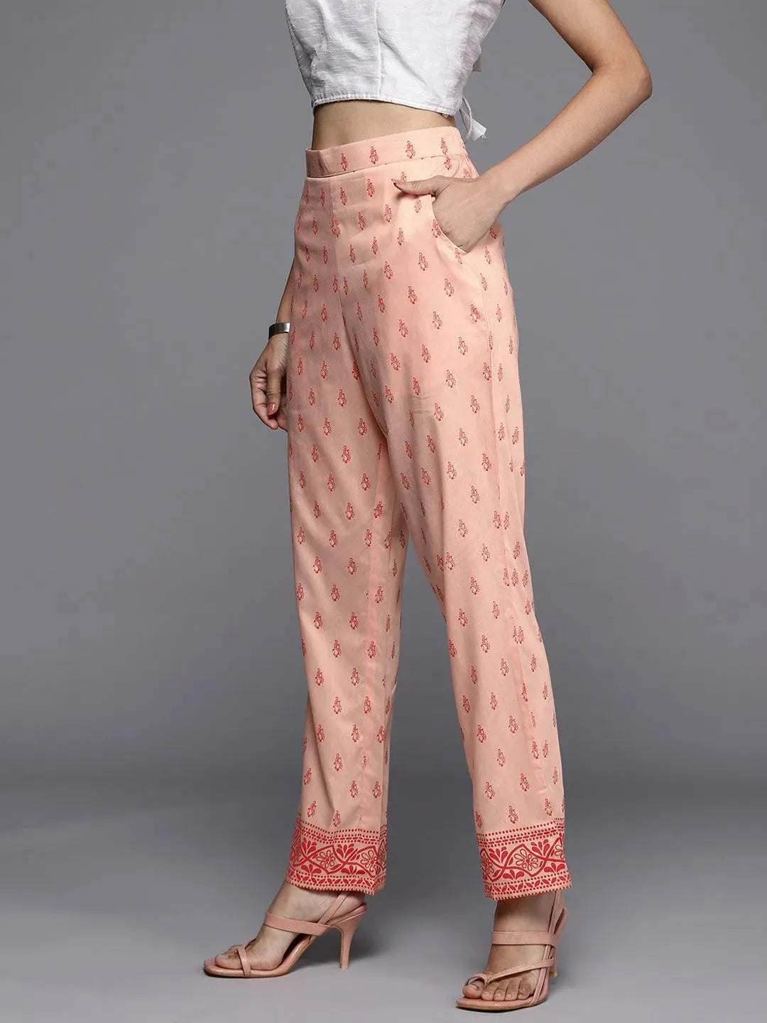 Peach Printed Silk Trousers - Libas