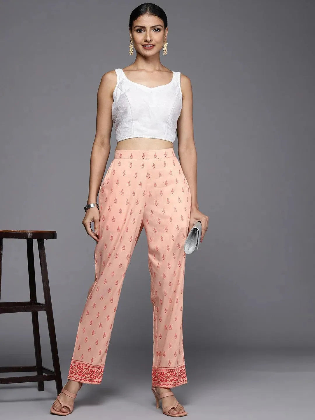 Peach Printed Silk Trousers - Libas 