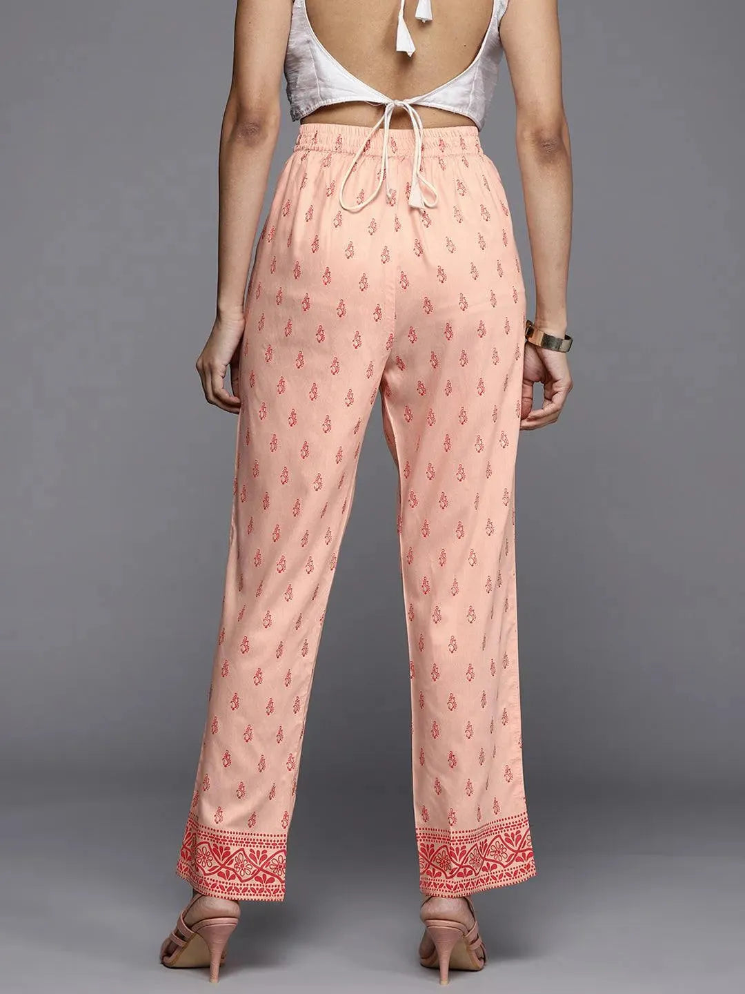Peach Printed Silk Trousers - Libas 