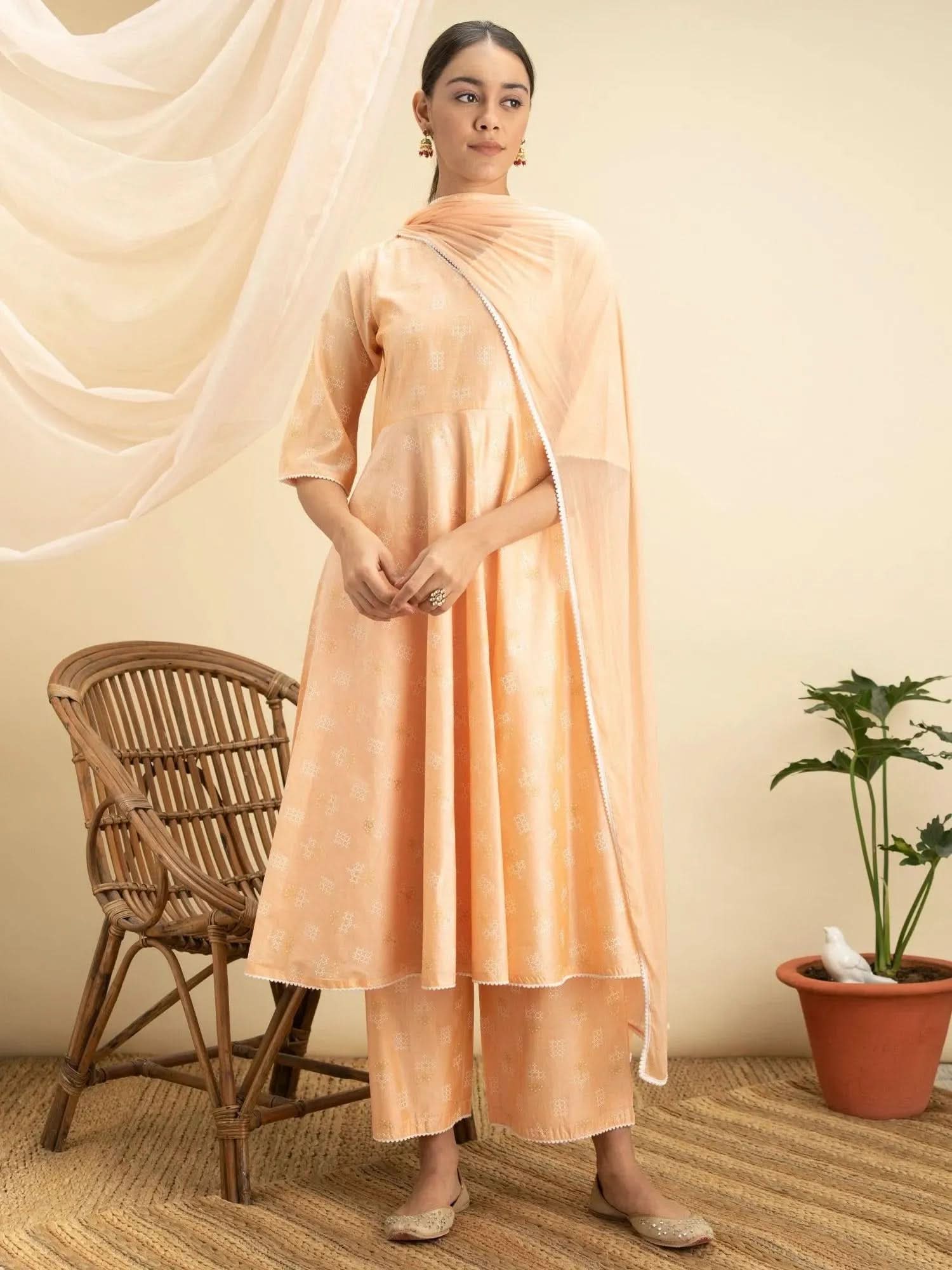 Peach Printed Tussar Silk A-Line Kurta With Palazzos & Dupatta-image-43