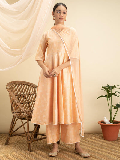 Peach Printed Tusaar Silk Suit Set - Libas