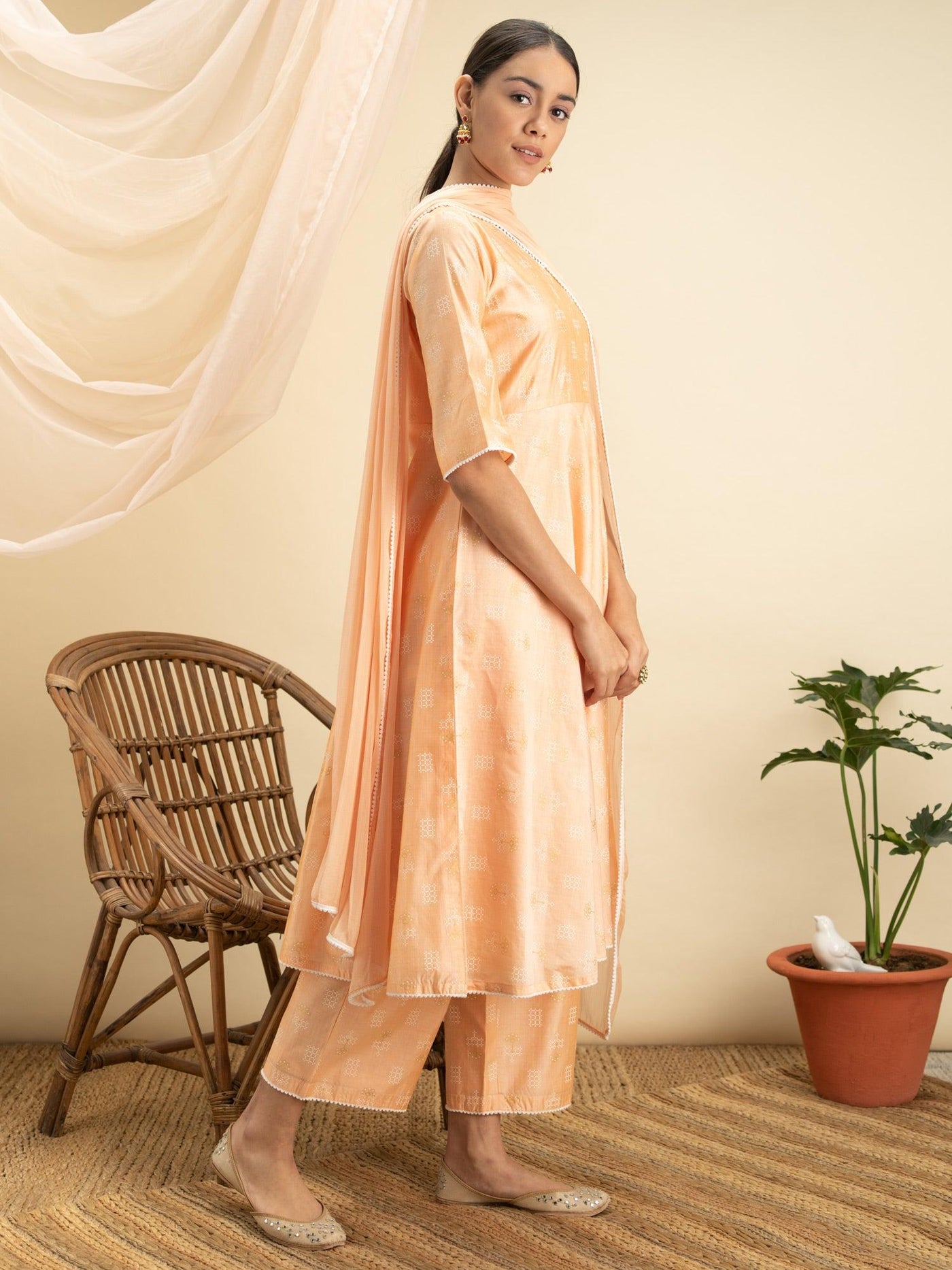 Peach Printed Tusaar Silk Suit Set - Libas