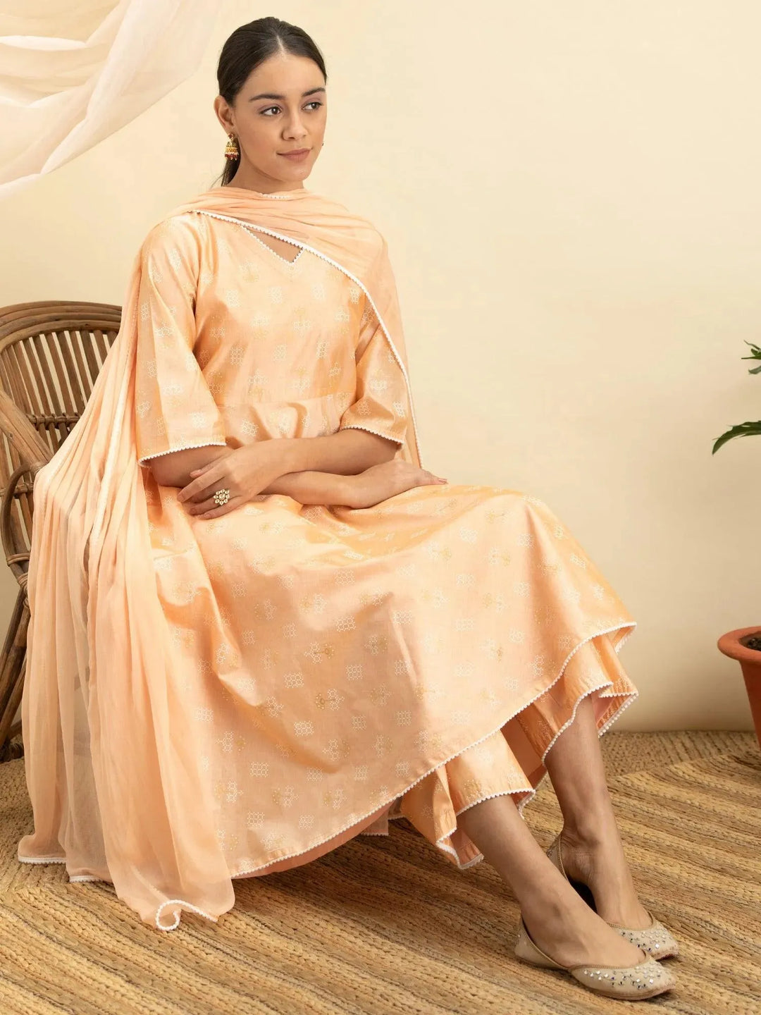 Peach Printed Tusaar Silk Suit Set - Libas 