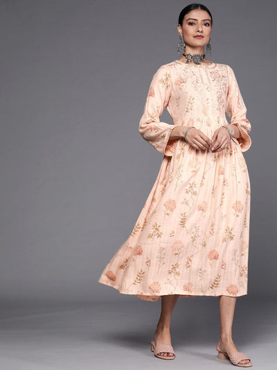 Peach Printed Viscose Rayon Dress - Libas