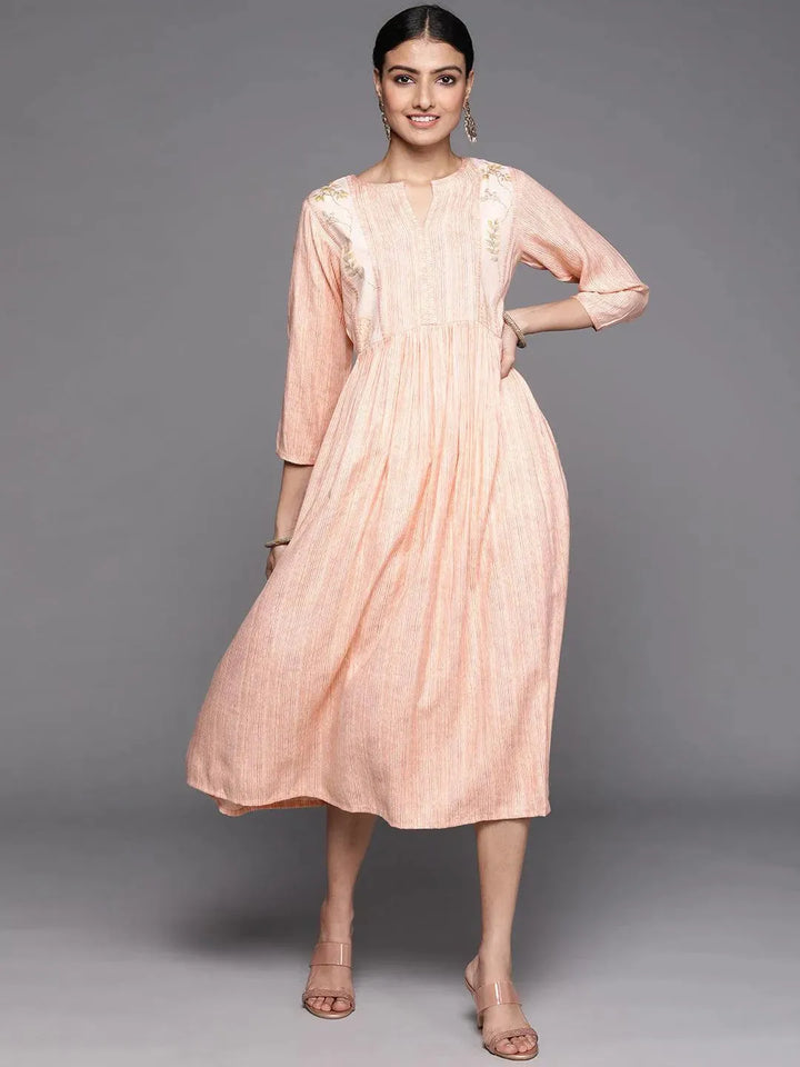 Peach Printed Viscose Rayon Dress - Libas