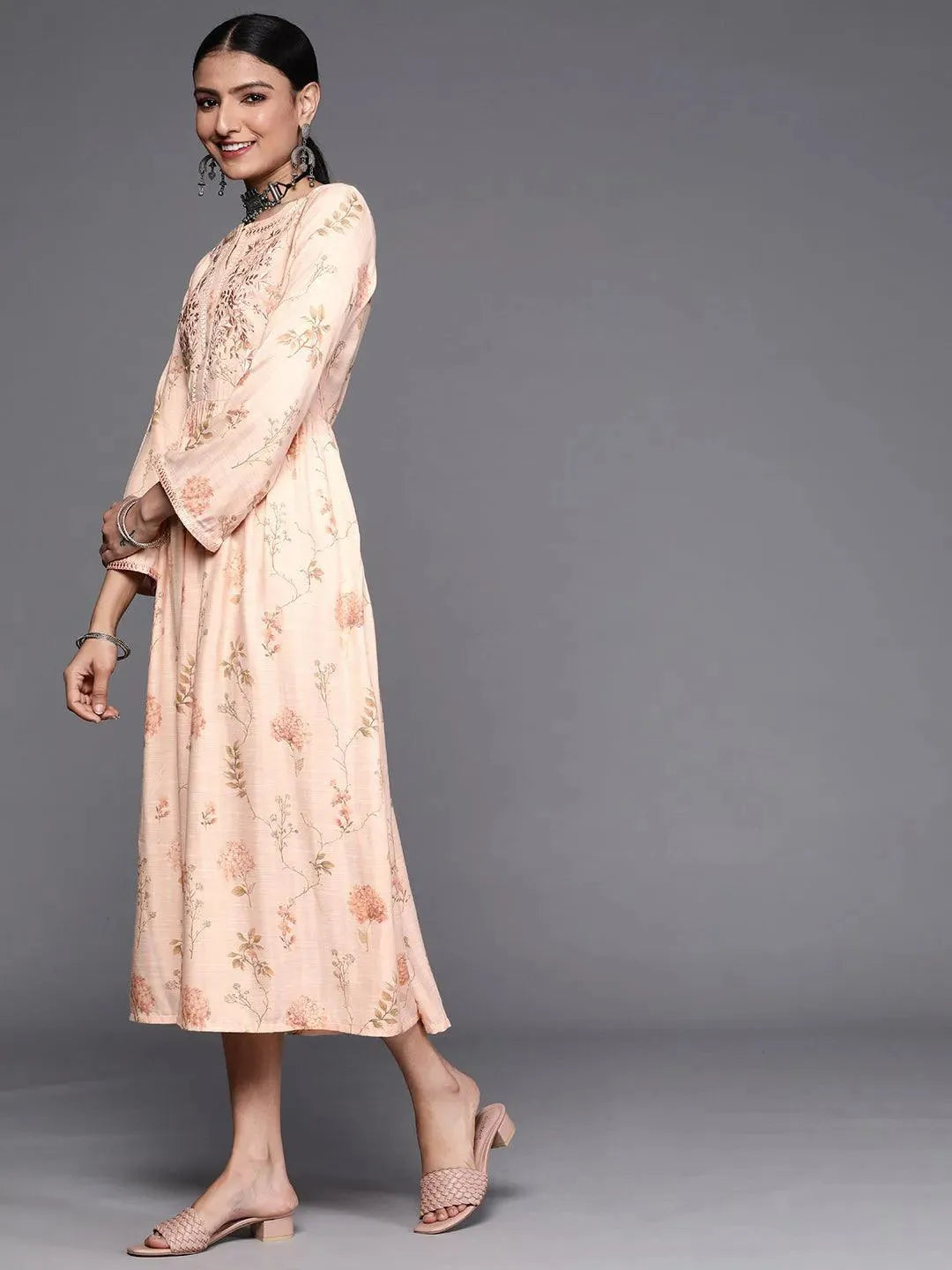 Peach Printed Viscose Rayon Dress - Libas