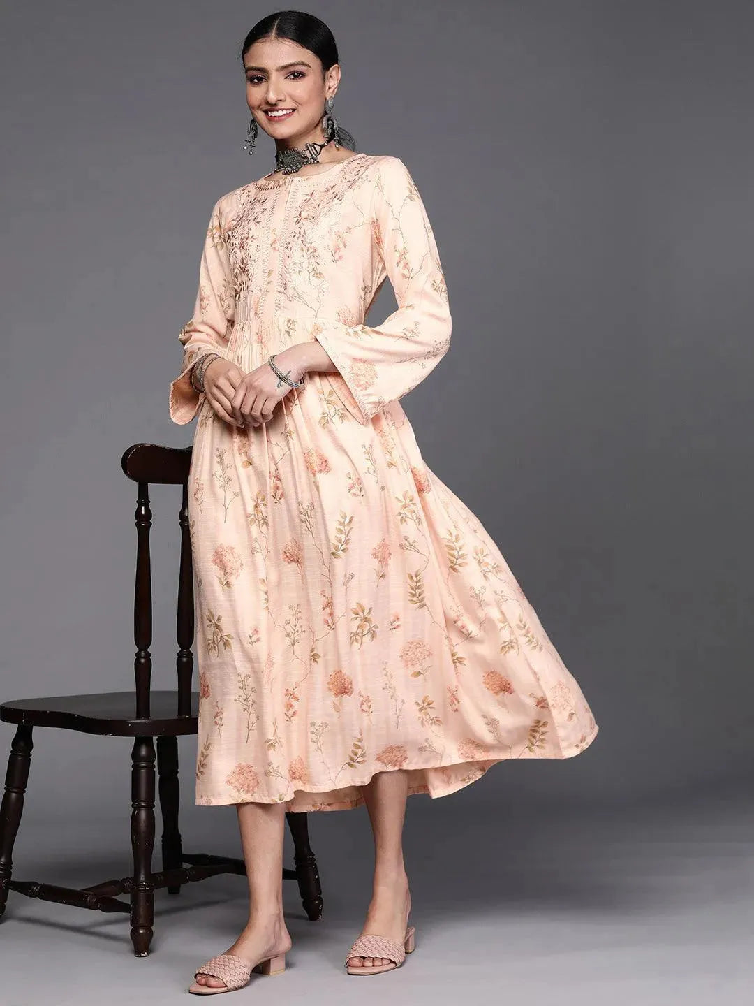 Peach Printed Viscose Rayon Dress - Libas 