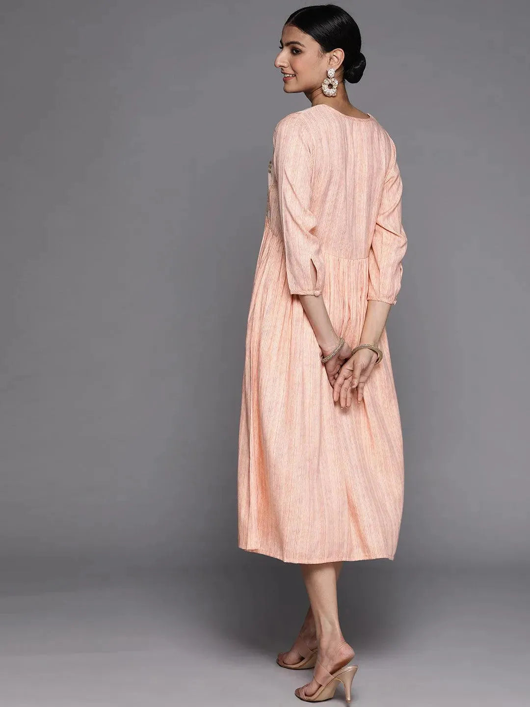 Peach Printed Viscose Rayon Dress - Libas 