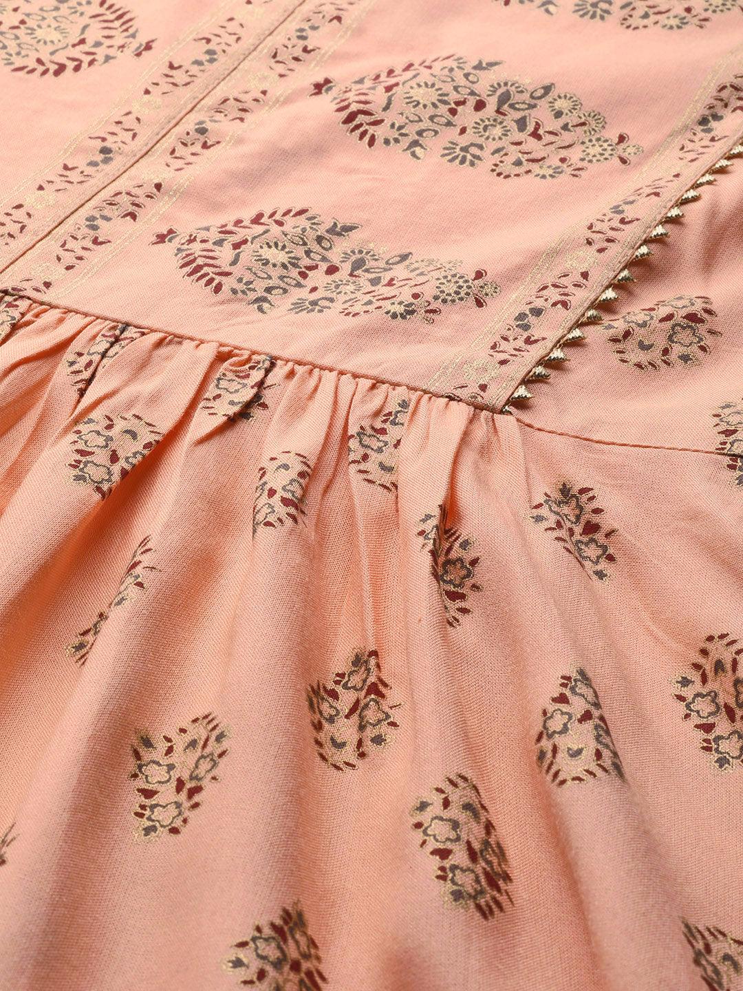 Peach Printed Viscose Rayon Dress - Libas