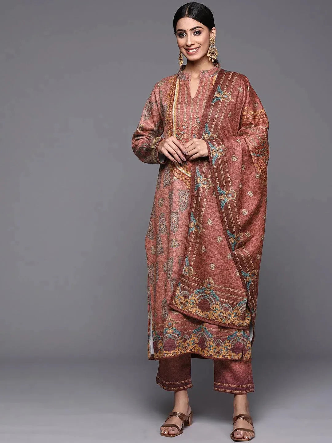 Peach Printed Wool Straight Suit Set - Libas 