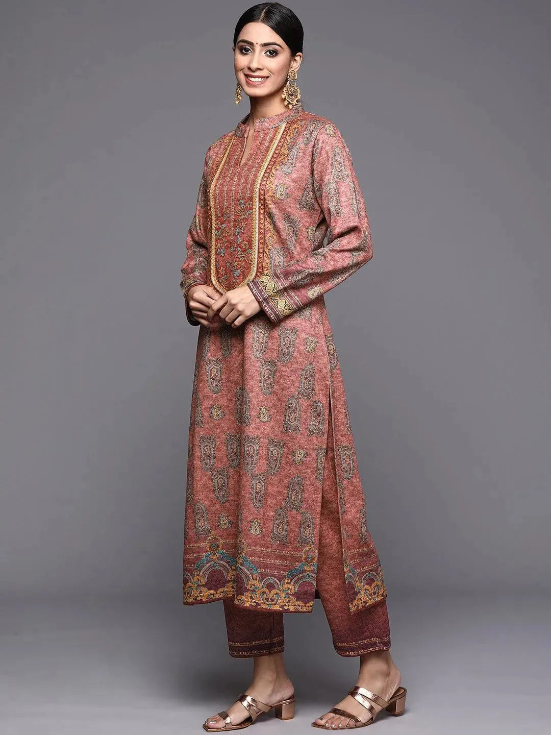 Peach Printed Wool Straight Suit Set - Libas 