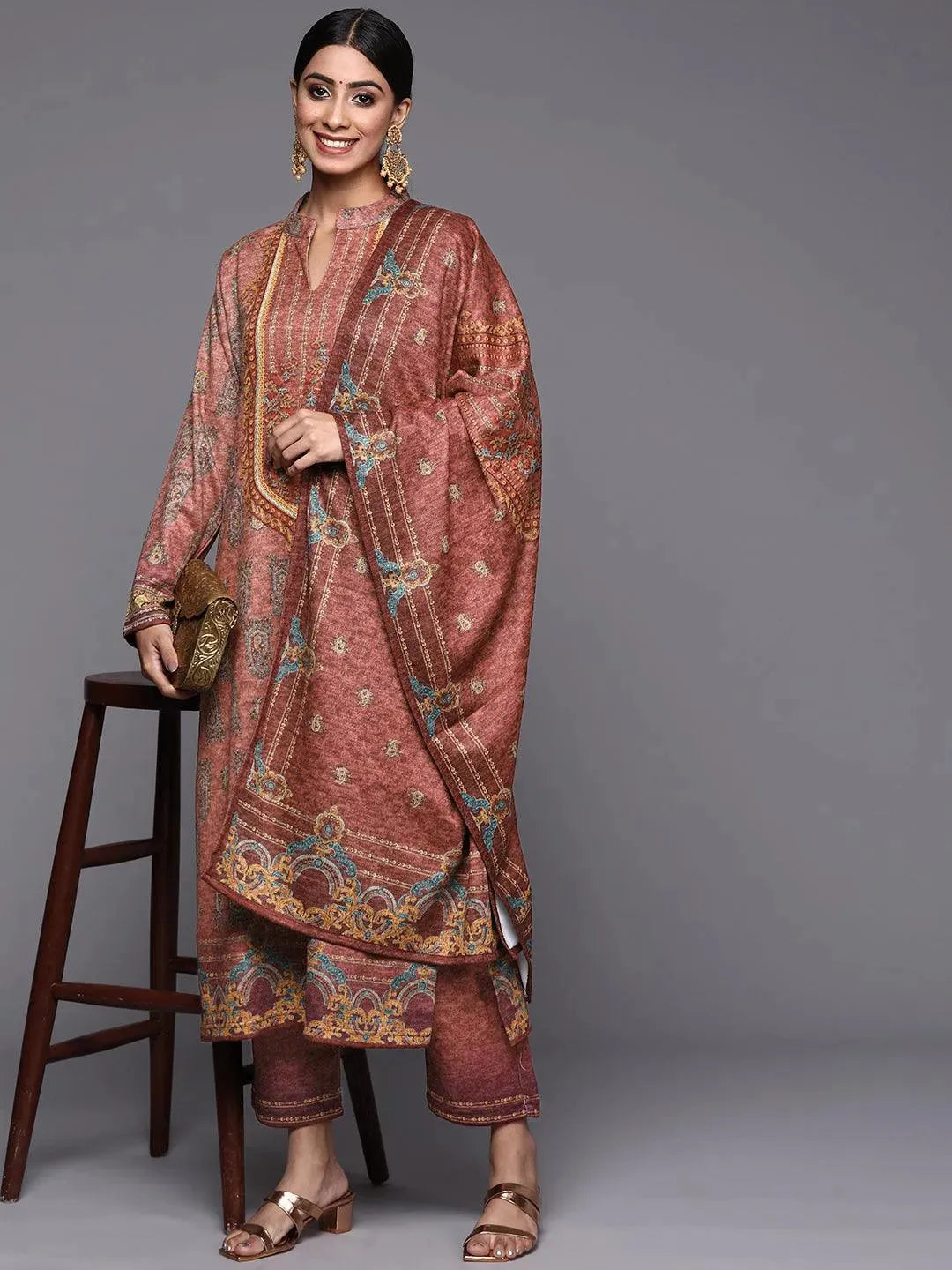 Peach Printed Wool Straight Suit Set - Libas 
