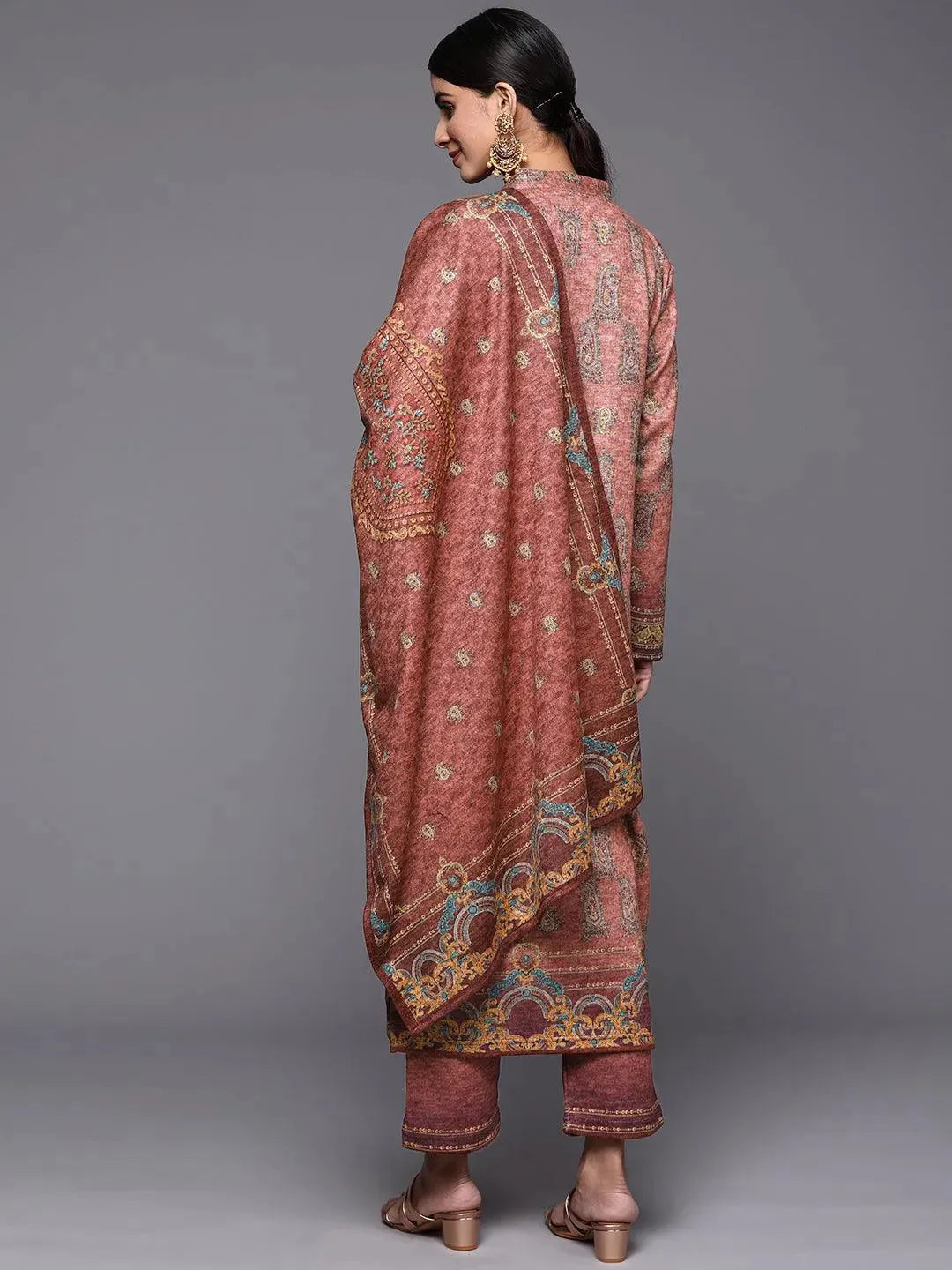 Peach Printed Wool Straight Suit Set - Libas 