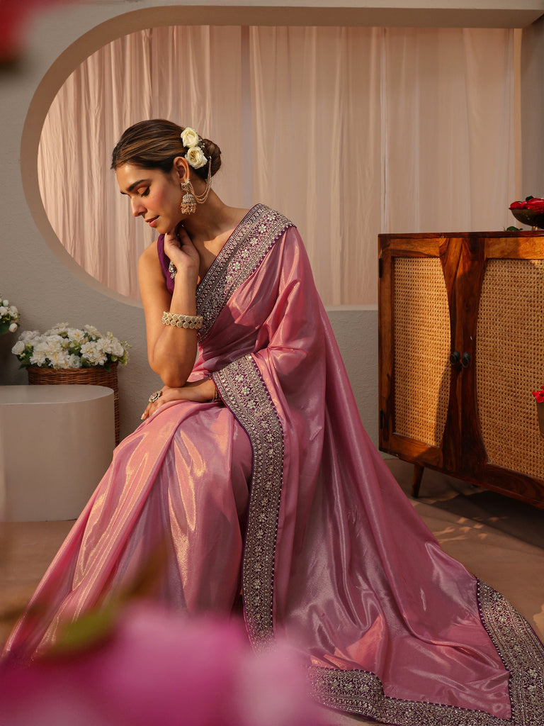 Libas Peach Satin Saree With Floral Border