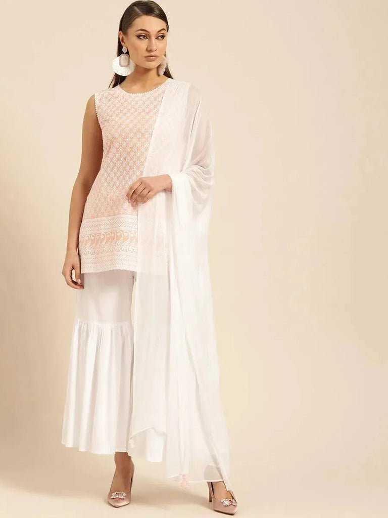 Libas Peach Schiffli Cotton Straight Kurta With Sharara & Dupatta