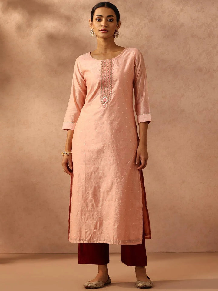 Peach Embellished Chanderi Silk Straight Kurta - Libas