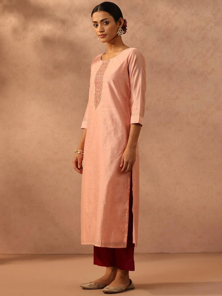 Peach Embellished Chanderi Silk Straight Kurta - Libas