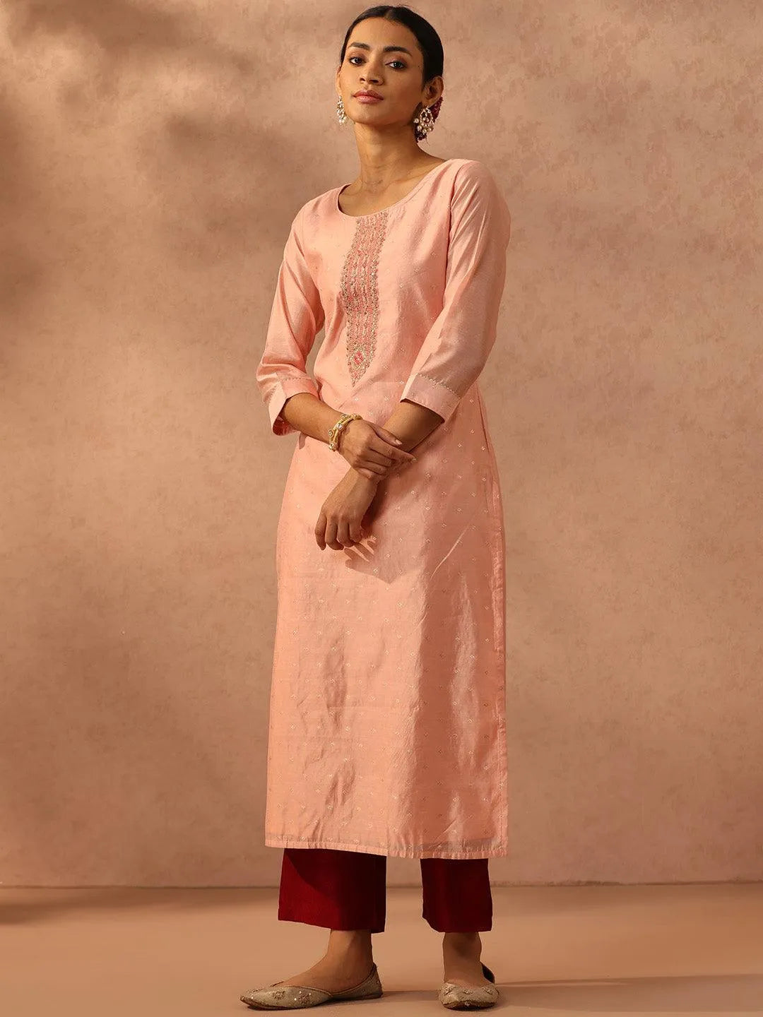 Peach Embellished Chanderi Silk Straight Kurta - Libas