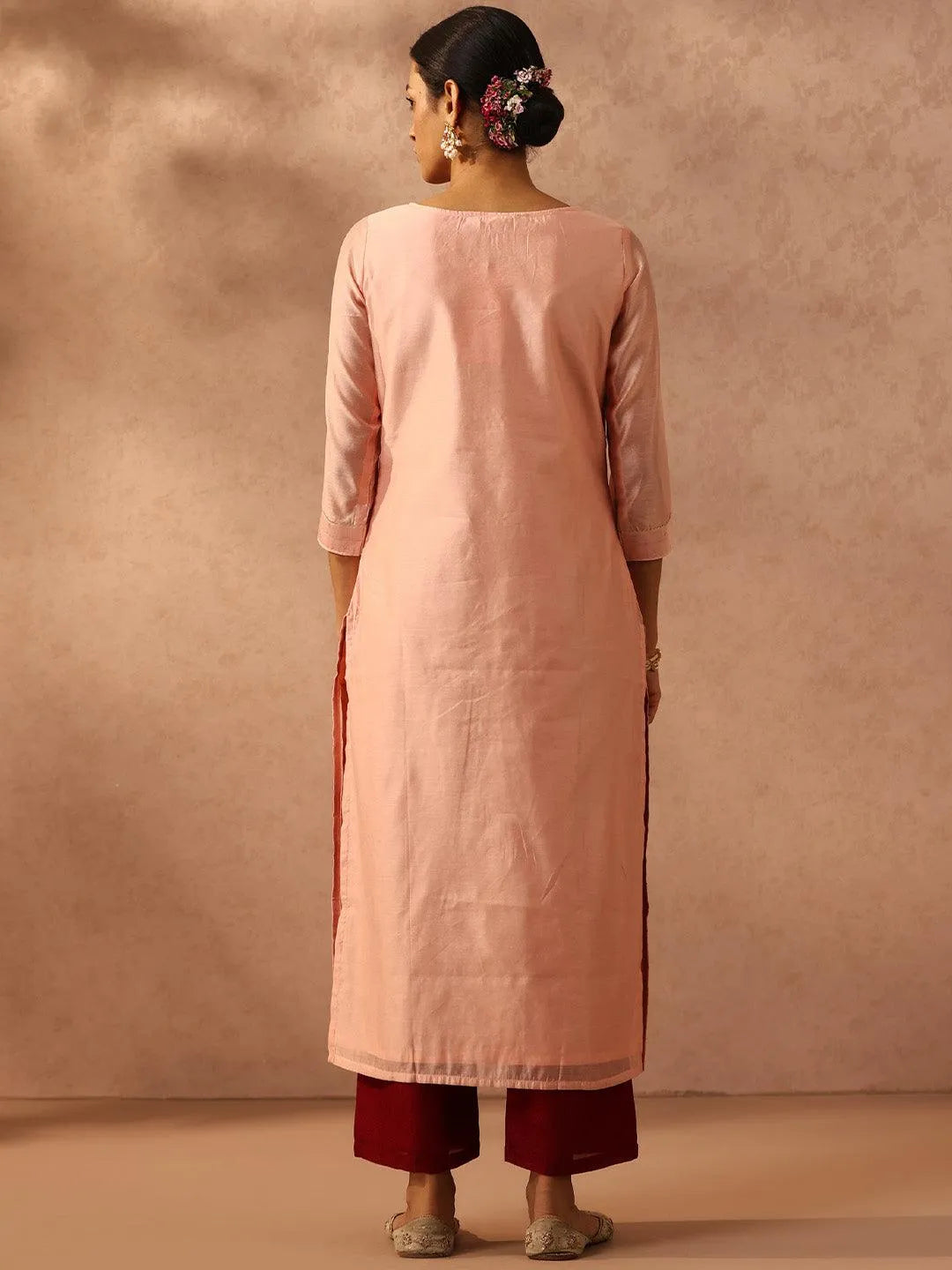 Peach Embellished Chanderi Silk Straight Kurta - Libas