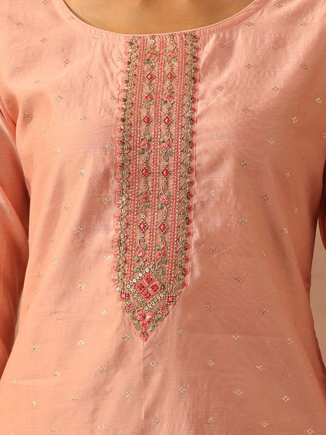 Peach Embellished Chanderi Silk Straight Kurta - Libas
