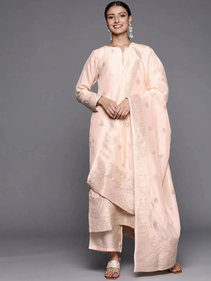 Peach Self Design Chanderi Silk Straight Suit Set - Libas