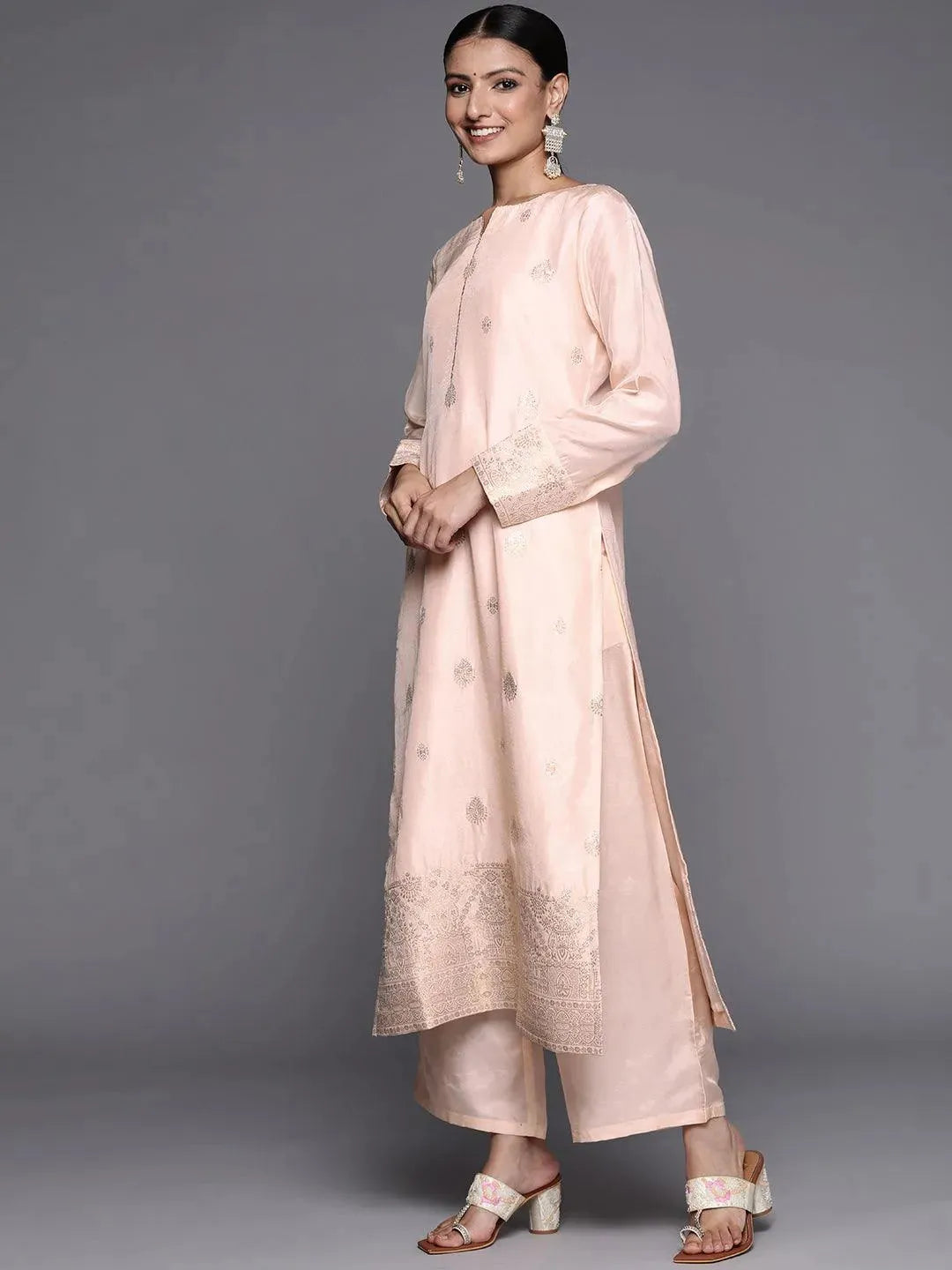 Peach Self Design Chanderi Silk Straight Suit Set - Libas 
